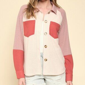 MYSTREE Colorblock Button Down Shirt , Waffle Knit Button Down Top, Pink Blush